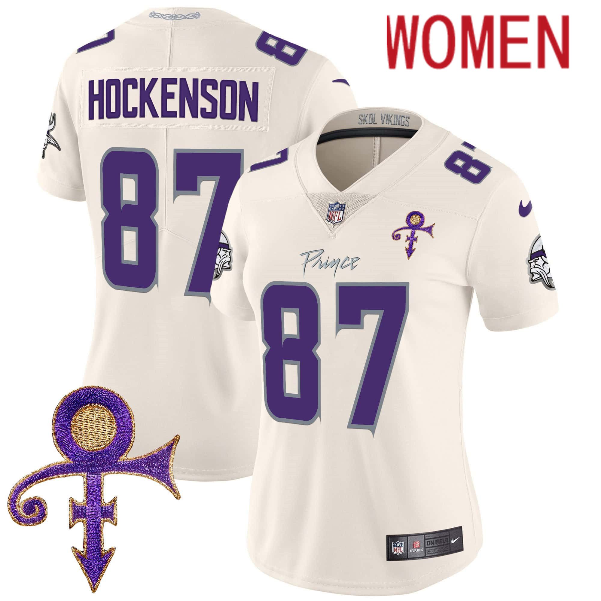 Women Minnesota Vikings 87 Hockenson Cream 2024 Nike Prince Vapor Limited NFL Jersey